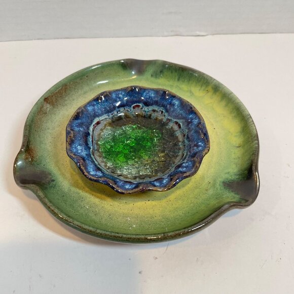 Handcrafted 2 piece Blue & Green Ceramic Dishes one with Fused Glass Center - Picture 3 of 9